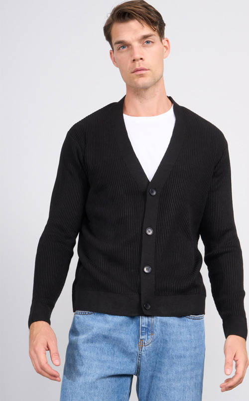 Çetinkaya Mentality 5296 V Yaka 1/18 Akrilik Triko Hırka Siyah