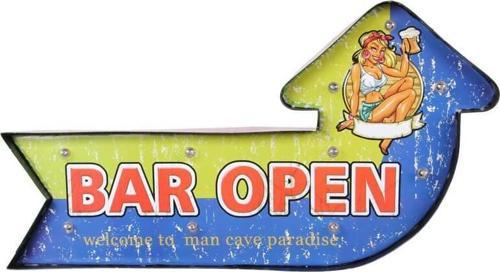 Bar Open Temalı Ledli Bar Tabelası Pano Vintage Led Ampülü