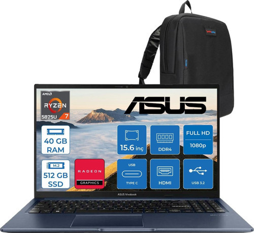Vivobook 15 Amd Ryzen 7 5825U 40GB 512GB SSD Amd Radeon Graphics 15.6" Fhd 250NIT LED Windows 11 Home Taşınabilir Bilgisayar M1502YATH13 + Zettaçanta