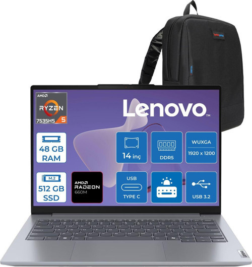 Thinkbook 14 G7 Ryzen 5 7535HS 48GB 512GB SSD Amd Radeon 660M 14" Wuxga IPS 300NITS Windows 11 Pro Taşınabilir Bilgisayar 21MV001ATRP17 + Zettaçanta