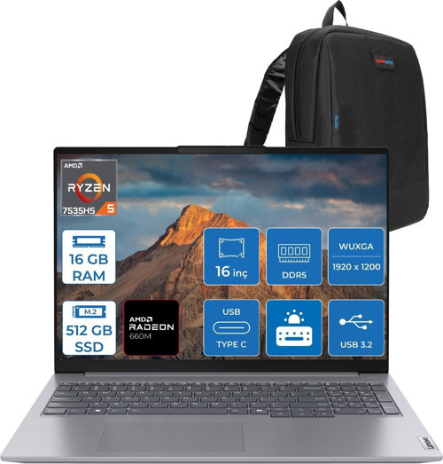 Thinkbook 16 G7 Ryzen 5 7535HS 16GB Ddr5 512GB SSD Amd Radeon 660M 16" Wuxga IPS 300NITS Freedos Taşınabilir Bilgisayar 21MW000PTRF01 + Zettaçanta
