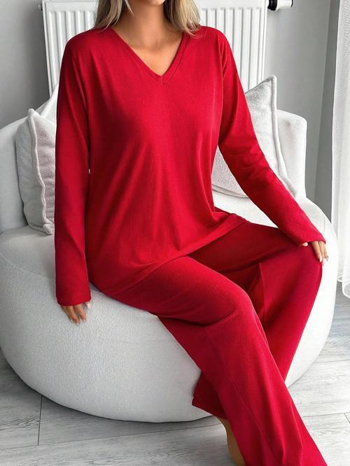 Kadın Uzun Kollu Yüksek Bel V Yaka Kırmızı İkili Takım