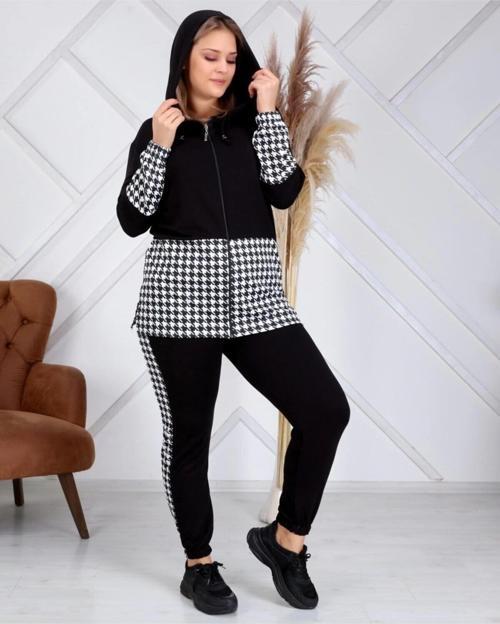 Kadın Siyah Kazayağı Desenli Büyük Beden Eşofman Takımı