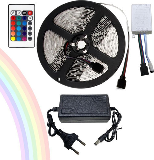 12Volt 3Çipli Silikonlu RGB Led Kumanda Adaptör Set - 5Metre