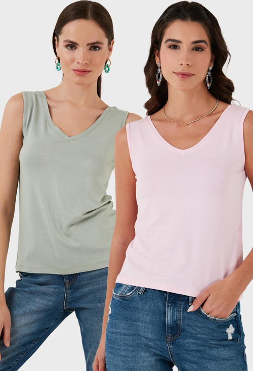 Slim Fit V Yaka Kalın Askılı 2' li Paket Bayan Bluz 5864384S2 ÇAĞLA-TOZ PEMBE