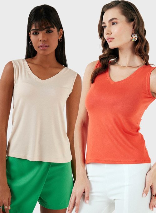 Slim Fit V Yaka Kalın Askılı 2' li Paket Bayan Bluz 5864384S2 TAŞ-NAR ÇİÇEĞİ