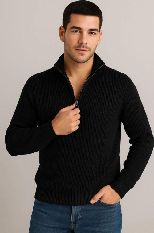 MDB Erkek Yarım Fermuarlı Triko Kazak – elanik Örgü, Dik Yaka, Pamuklu Dokuma, Regular Fit Uzun Koll