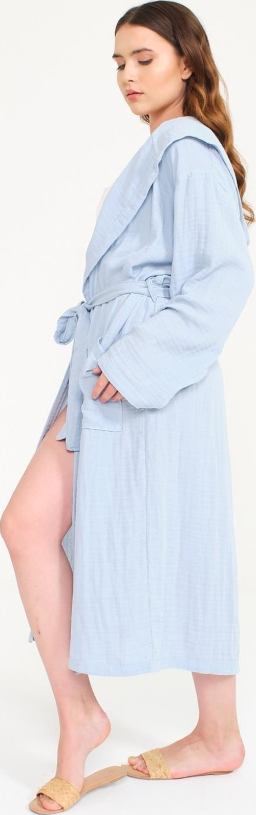 Pamuklu Kapüşonlu Uzun Kadın Müslin Bornoz Plaj