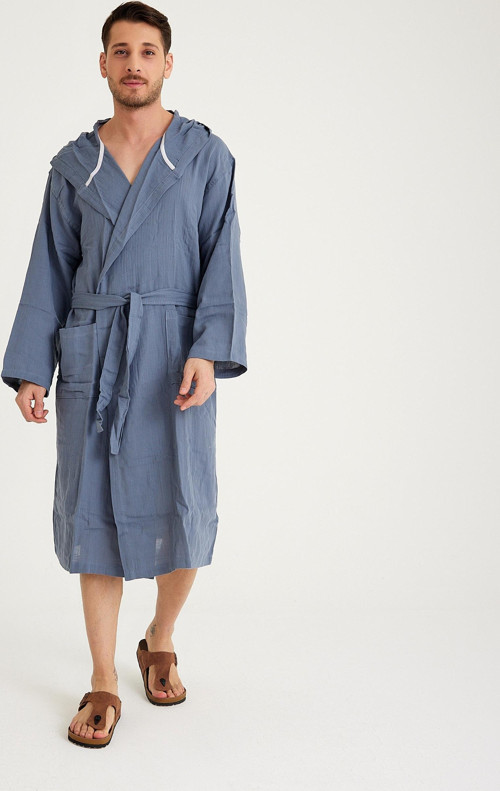 Pamuklu Kapüşonlu Uzun Erkek Müslin Bornoz Plaj