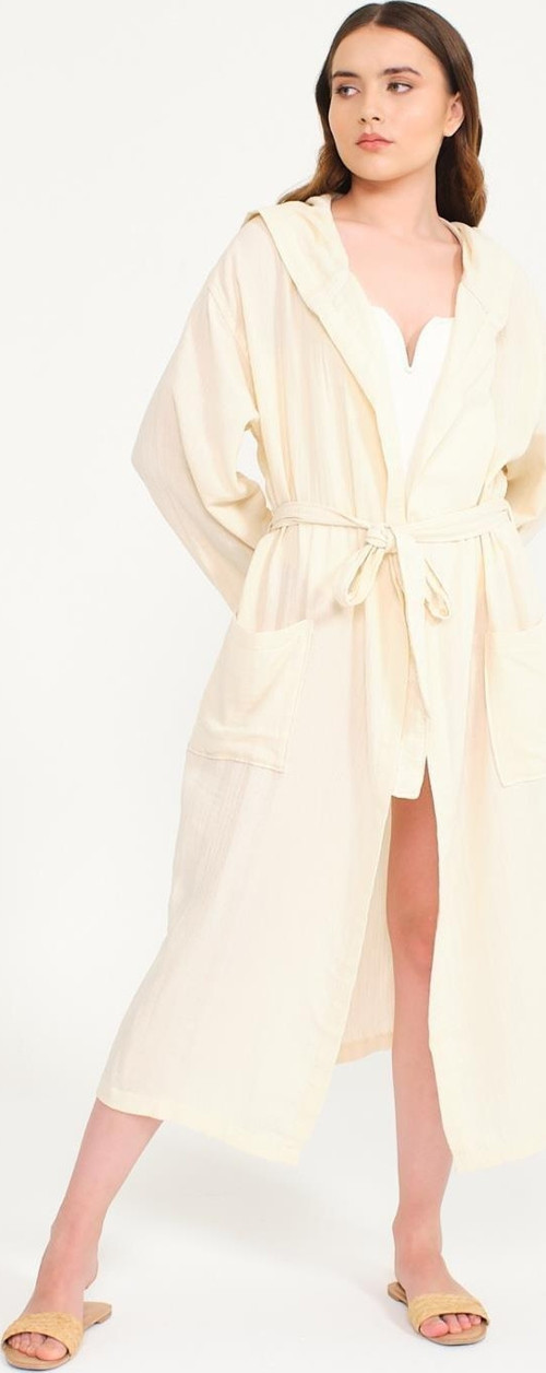 Pamuklu Kapüşonlu Uzun Kadın Müslin Bornoz Plaj