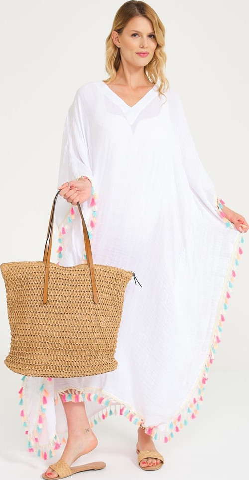 Püskül Detaylı V Yaka Uzun Plaj Elbisesi