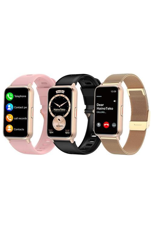 -28 Gold Amoled Akıllı Saat Bluetooth Arama 3 Kordon Set