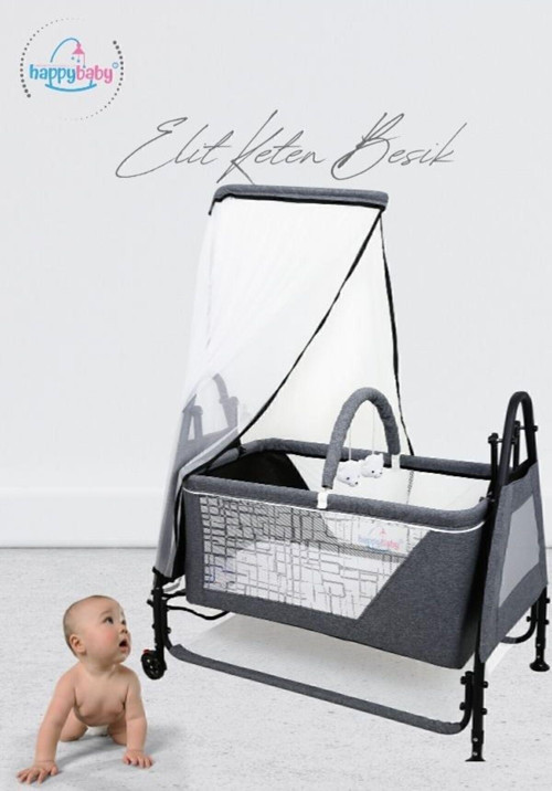 Elit Keten Beşik - Portatif - Sallanabilir - Oyuncaklı - Anne Yanı - Bebek Besik
