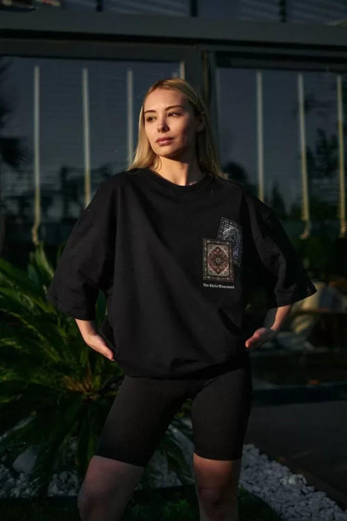 Unisex Bisiklet Yaka Baskılı Oversize TShirt