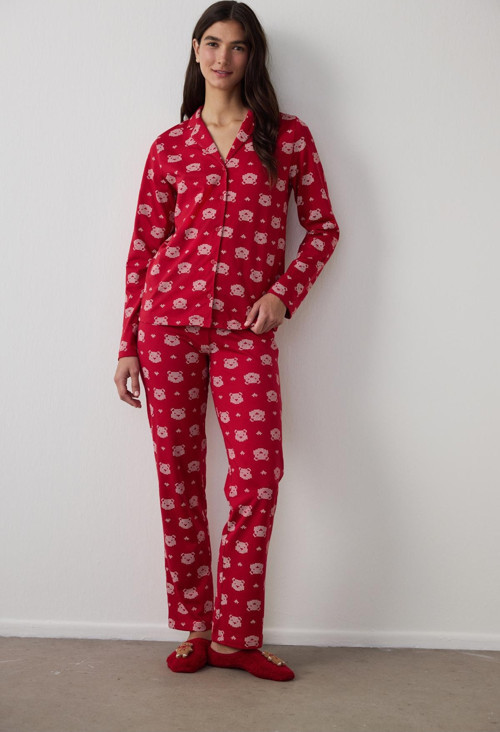 Kırmızı Ayı Desenli Gömlek Yaka Uzun Kollu Pamuklu Pijama Takımı