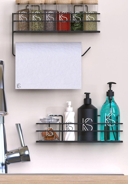 Yapışkanlı Mutfak Rafı Baharatlık 2Li Metal Kağıt Havluluk Siyah Standlı Şık Mutfak Raf Seti