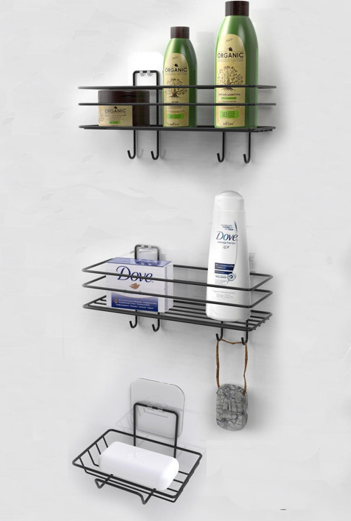 3'lü Banyo Seti Yapışkanlı Paslanmaz Banyo Sabunluk Duşakabin Rafı Şampuanlık Banyo Düzenleyici Set