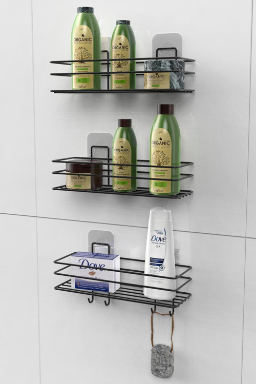 3'lü Set Yapışkanlı 4 Kancalı Paslanmaz Banyo Rafı Mat Siyah Banyo Şampuanlık Duşakabin Duş Askısı