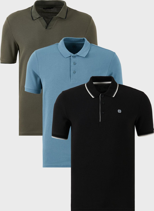 Pamuklu Regular Fit 3'lü Paket Erkek Polo Yaka T Shirt 59029641827S3 Haki-Siyah-Beyaz-Mavi