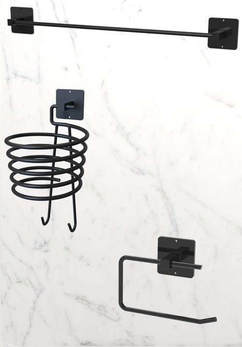 Yapışkanlı 3 lü Siyah Fön Makinesi Askısı Havlu Askısı Wc Tuvalet Kağıtlık Banyo Set