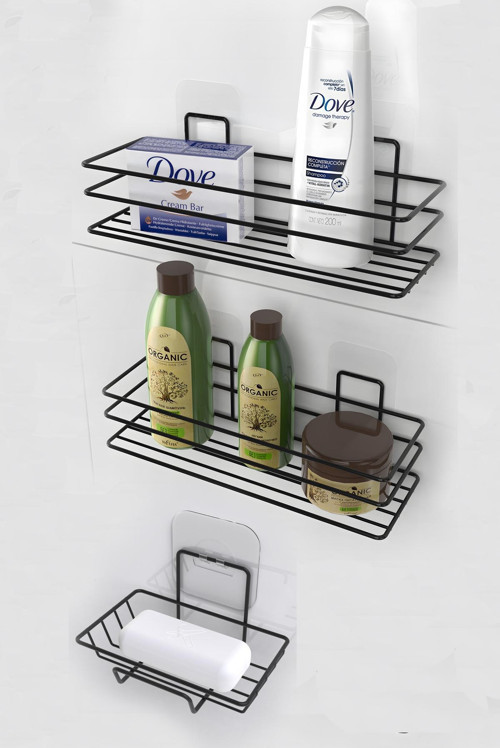 3'lü Banyo Seti Yapışkanlı Paslanmaz Banyo Sabunluk Duşakabin Rafı Şampuanlık Banyo Düzenleyici Set