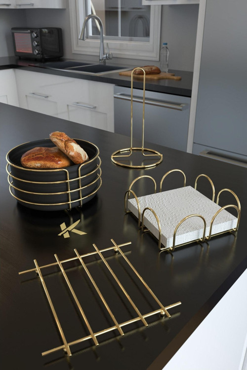 Servis Sunum Seti Ve Ekmek Sepeti Havluluk Peçetelik Nihale Ekmeklik Altın Gold 4'lü Çeyiz Set