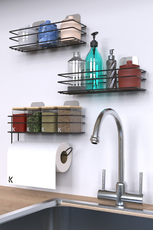 Yapışkanlı Mutfak Rafı Baharatlık 3Lü Metal Kağıt Havluluk Siyah Standlı Şık Mutfak Raf Seti