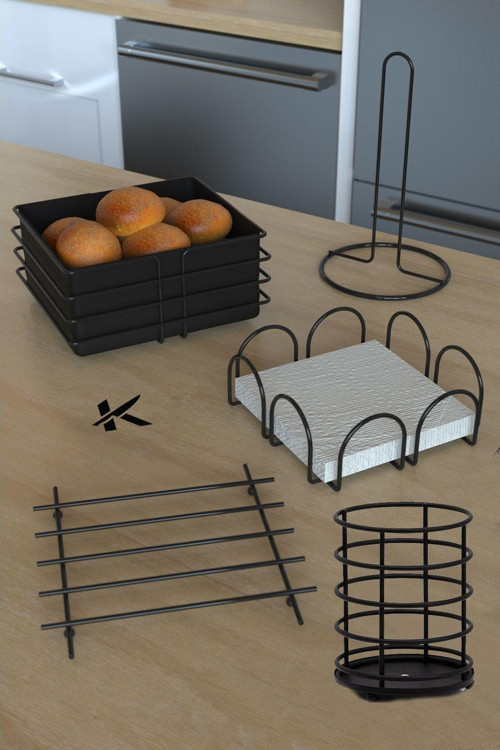 Lüx Paslanmaz Gold Servis Sunum Seti Ekmek Sepeti Mutfak Havluluk Peçetelik Nihale Kaşıklık 5 Parça