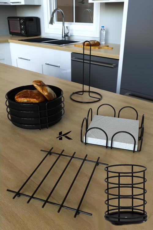 Yuvarlak Ekmeklik Ekmek Sepeti Nihale Dik Havluluk Peçetelik Kaşıklık Gold Paslanmaz Set 5'li Set