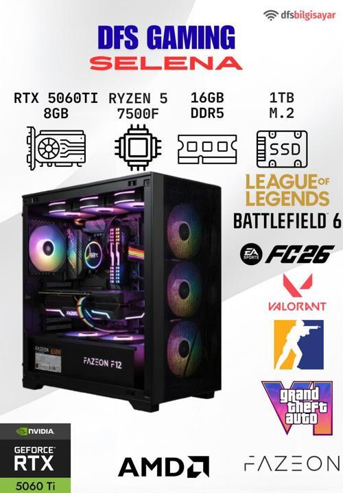 DFS GAMING SELENA RYZEN 5 7500F-B650M-RTX 5060 TI 8GB-16GB DDR5 RAM-1TB M.2 SSD-MASAÜSTÜ OYUNCU BİLGİSAYARI