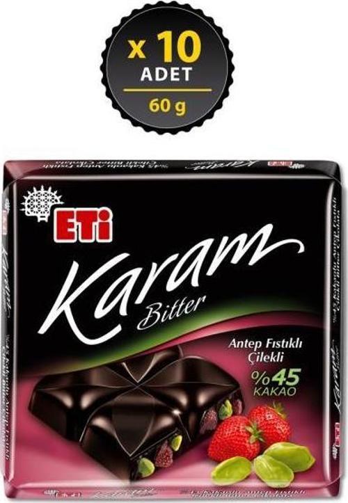 Karam %45 Kakaolu Antep Fıstıklı Çilekli Çikolata 60 gr x 10 Adet