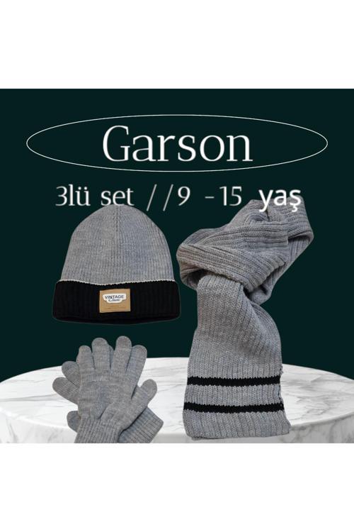 9-15 Yaş Erkek Çocuk Atkı Bere Eldiven 3'Lü Takım