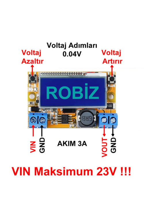 3A Ayarlanabilir Voltaj Düşürücü Modül Ekranlı Ayarlı Güç Kaynağı