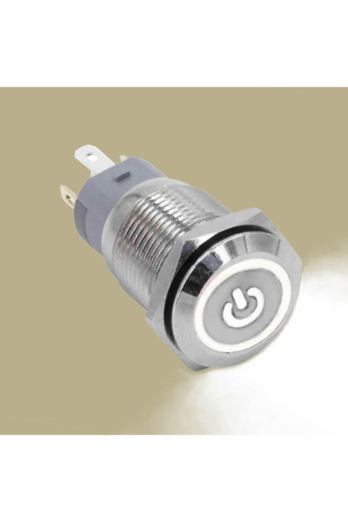 16Mm Metal Buton Beyaz Power Sembol Led Işıklı Panel Montaj Düz Kafa Kilitlemeli Dc 6A 12V Ip67 Düğm