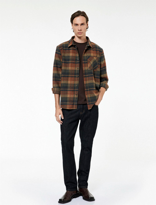 K26 6Wam60097Hw 2C1 Turuncu Ekose Erkek Akrılık Dokuma Uzun Kollu Gomlek