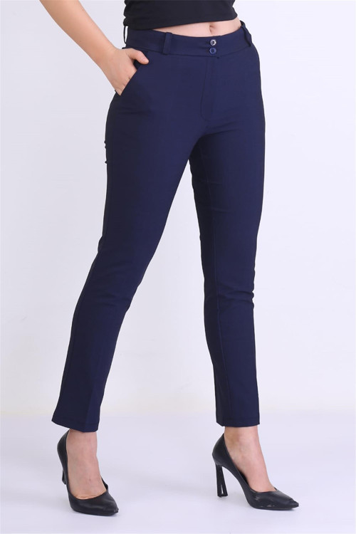 1022 Lacivert Kadın Yüksek Bel Kalem Kesim Uzun Boy Cigarette Kumaş Pantolon