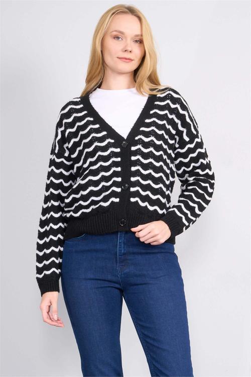 Çetinkaya Fithit 2313 Kadın V Yaka Akrilik Triko Hırka Siyah-Beyaz