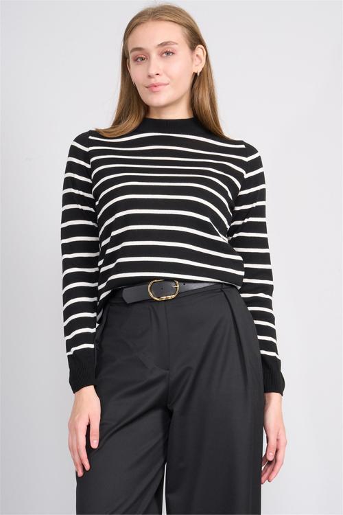 Çetinkaya Fithit 2319 Kadın Bisiklet Yaka Akrilik Çizgili Triko Kazak Siyah-Ekru