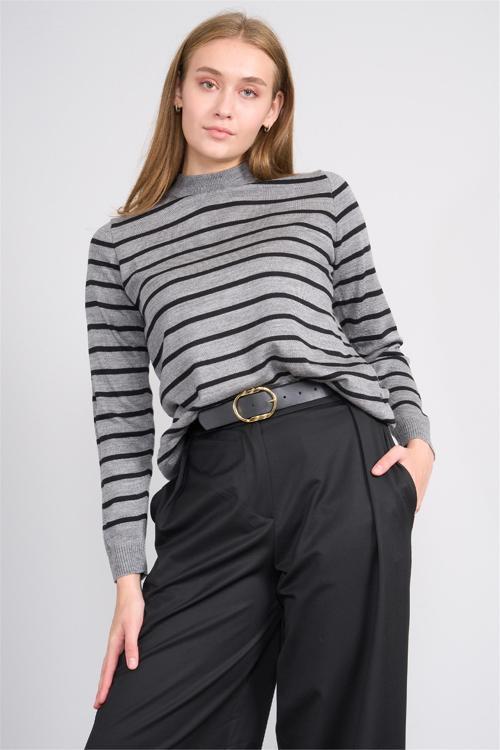 Çetinkaya Fithit 2319 Kadın Bisiklet Yaka Akrilik Çizgili Triko Kazak Koyu Grimelanj-Siyah