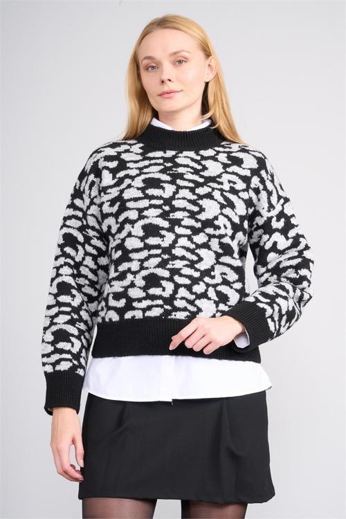 Çetinkaya Fithit 2322 Kadın Bisiklet Yaka Akrilik Leopar Desenli Triko Kazak Gri