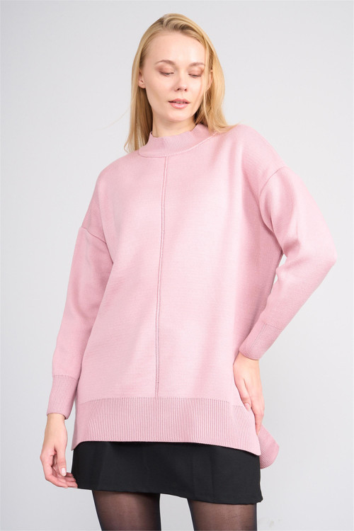 Çetinkaya Miya Mira Modest 8626 Kadın Dik Yaka Akrilik Yırtmaçlı Triko Kazak Pudra