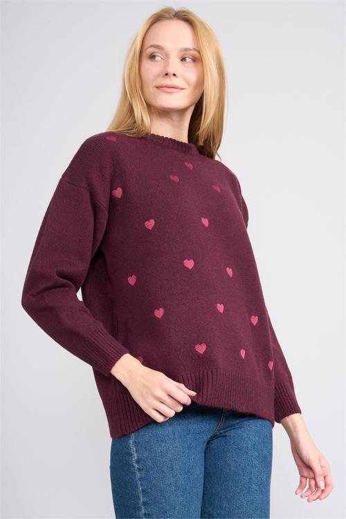 2348 Kadın Bisiklet Yaka Nakışlı Akrilik Triko Kazak Mürdüm