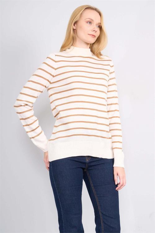 Çetinkaya Fithit 2319 Kadın Bisiklet Yaka Akrilik Çizgili Triko Kazak Ekru-Deve Tüyü