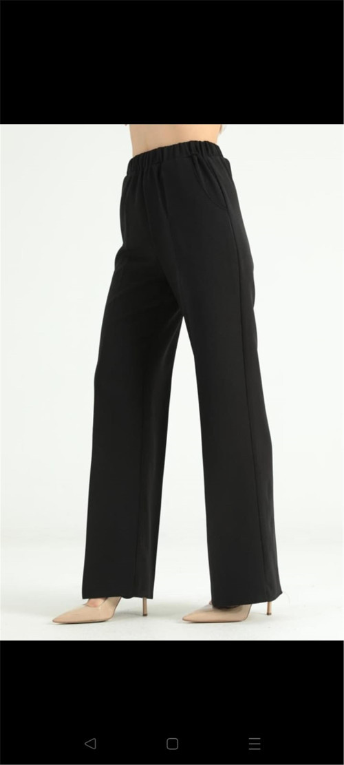 1039 Siyah Kadın Yüksek Bel Beli Lastikli Bol Paça Likralı Double Kumaş Pantolon