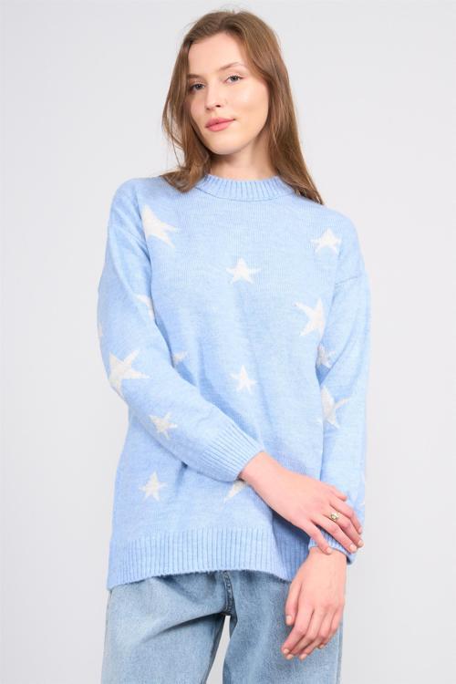 Çetinkaya Fithit 2321 Kadın Bisiklet Yaka Akrilik Simli Jakarlı Triko Kazak Açık Mavi