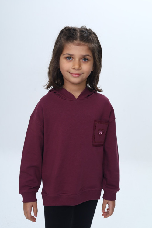 Kız Çocuk Relax Fit Kapüşonlu Düşük Omuz Nakışlı Sweatshirt - Cep Detaylı