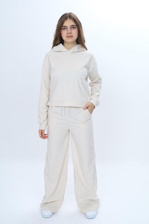 Kız Çocuk 2'li Takım Kapüşonlu Düşük Omuz Sweatshirt Bol Paça Cepli Eşofman Altı & Kadife