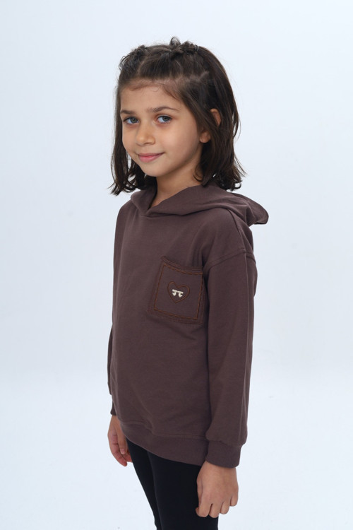 Kız Çocuk Relax Fit Kapüşonlu Düşük Omuz Nakışlı Sweatshirt - Cep Detaylı