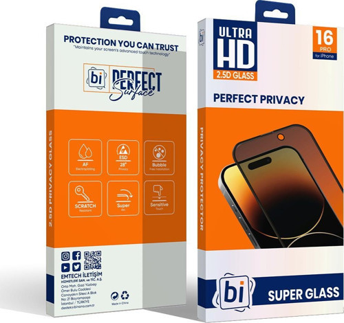 Bİ 2,5D PRIVACY SUPER GLASS IPHONE 17/16 PRO EKRAN KORUYUCU