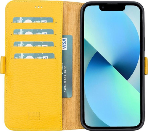 Apple iPhone 13 Pro Max Uyumlu Deri Cüzdanlı Kılıf Limon Sarı